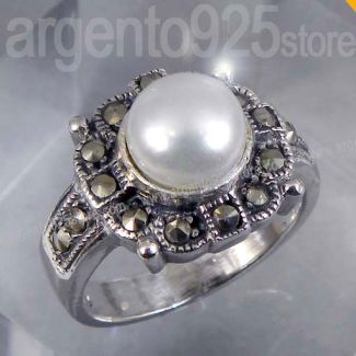 ANELLO Donna con PERLA e MARCASITE Argento 925 - CLASSIC EXLUSIVE am