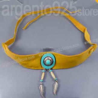 Collana Collarino Girocollo Argento 925 Pelle Daino Turchese Indiani America bb
