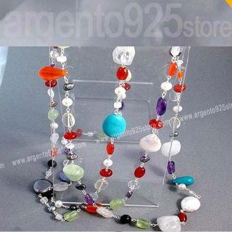 COLLANA lunga ROSARIO 126 cm TURCHESE QUARZO AMETISTA ONICE PERLE Arg. 925 af