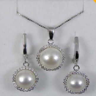 Parure Collana e Orecchini Argento 925 Perle bianche e Brillanti - CLASSIC af