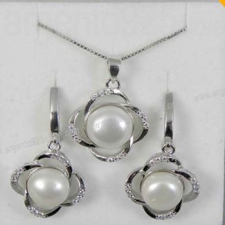 Parure Collana Orecchini Argento 925 Perle bianche Brillanti - CLASSIC FLOWER ah