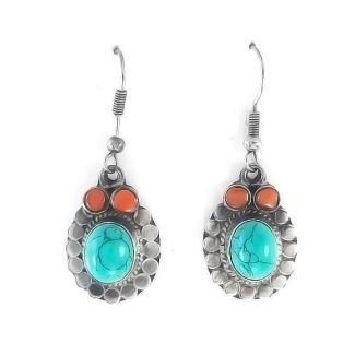 Orecchini Donna pendenti Turchese Corallo Etnico Tibetano Argento 925 bd