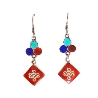 Orecchini Donna pendenti Turchese Corallo Etnico Tibetano Mandala Argento 925 be