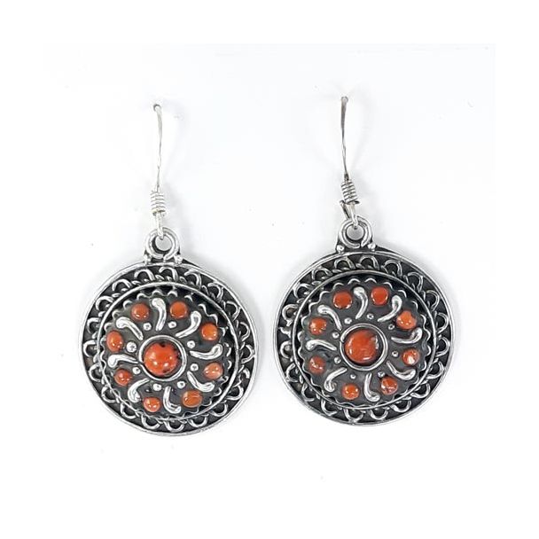 Orecchini Donna pendenti con Corallo Etnico Tibetano Argento 925 ab